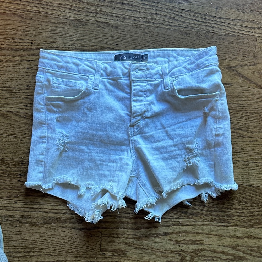 Just USA Women's White Frayed Jean Shorts
